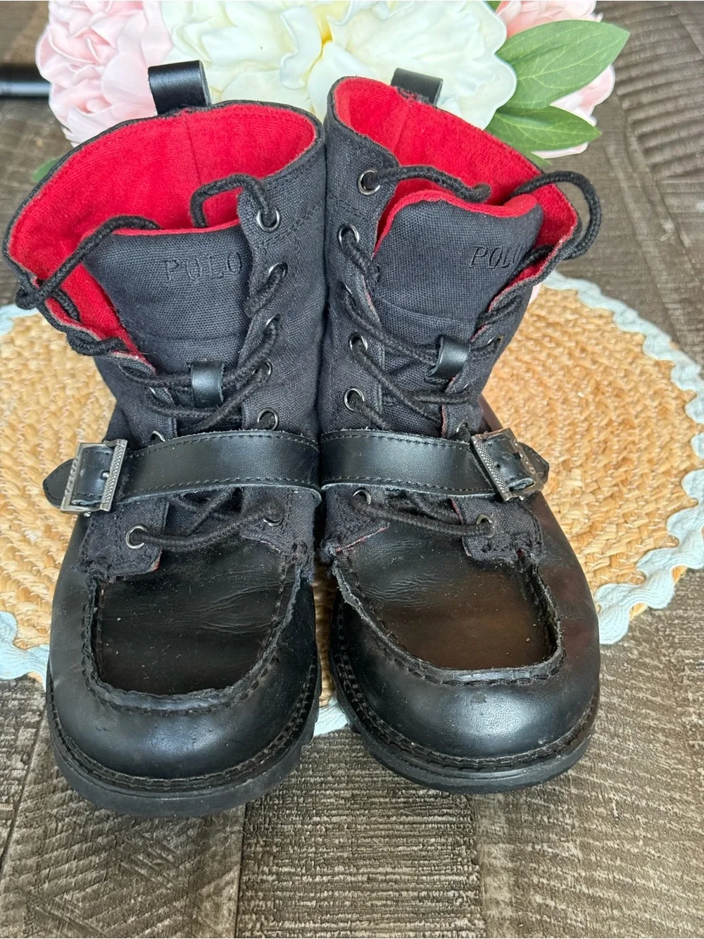 Polo by Ralph Lauren Kids Black Leather & Canvas Boots with Red Lining